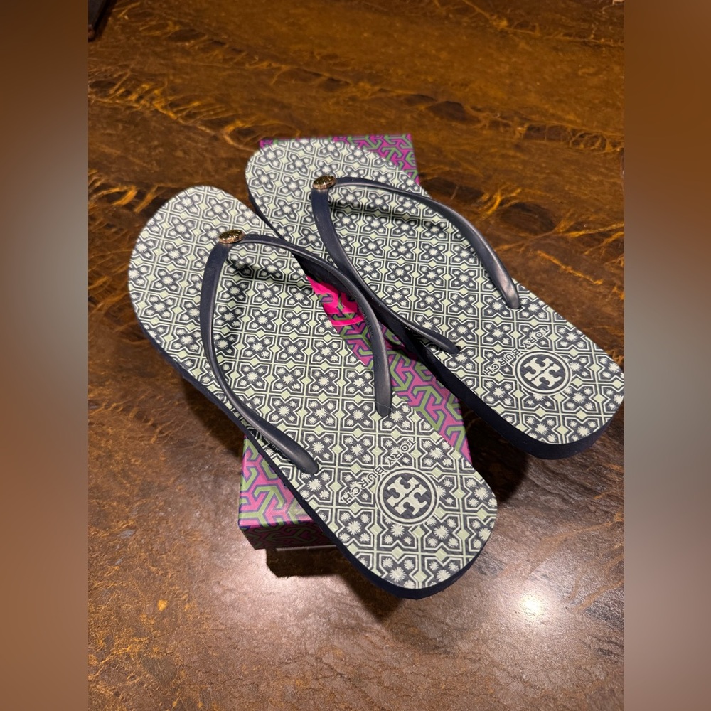 Tory Burch Navy Babylon Combo A Prin 459 Thin Flip Flop Rubber